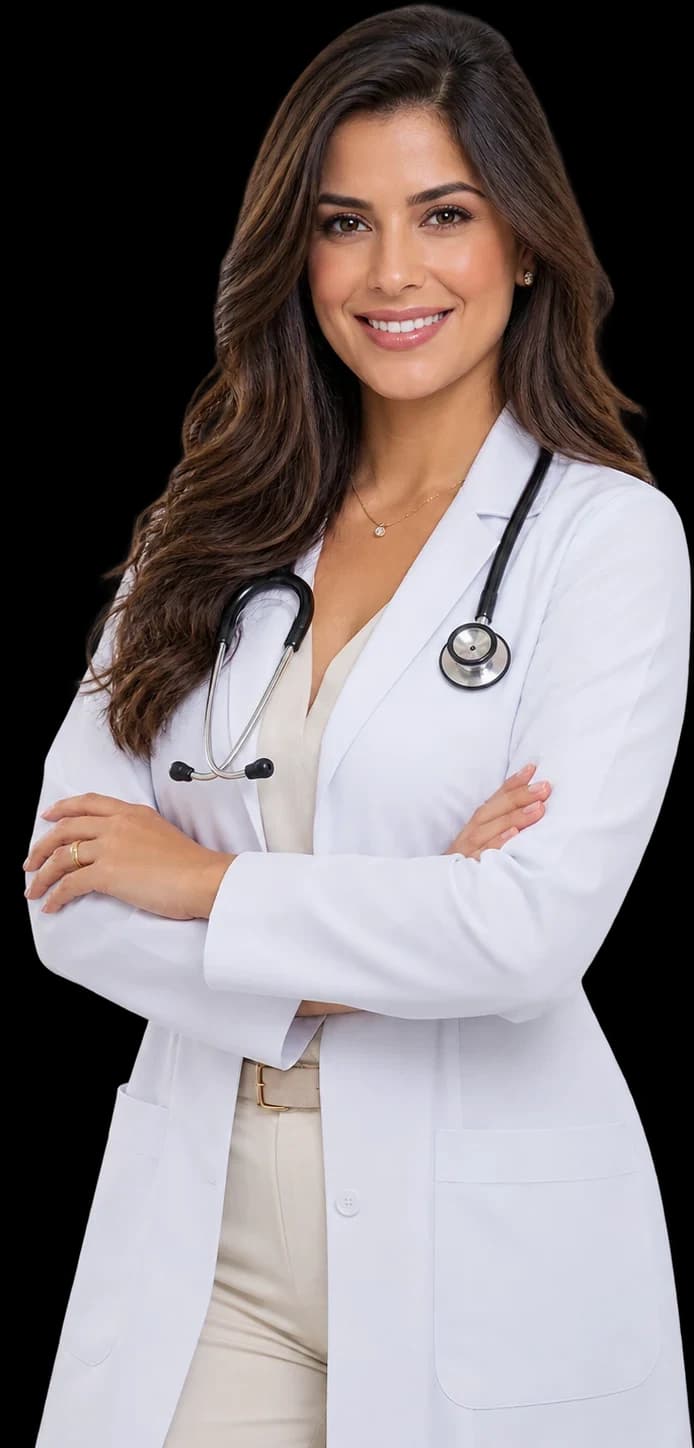 Médica de jaleco branco e estetoscópio, braços cruzados, sorrindo.